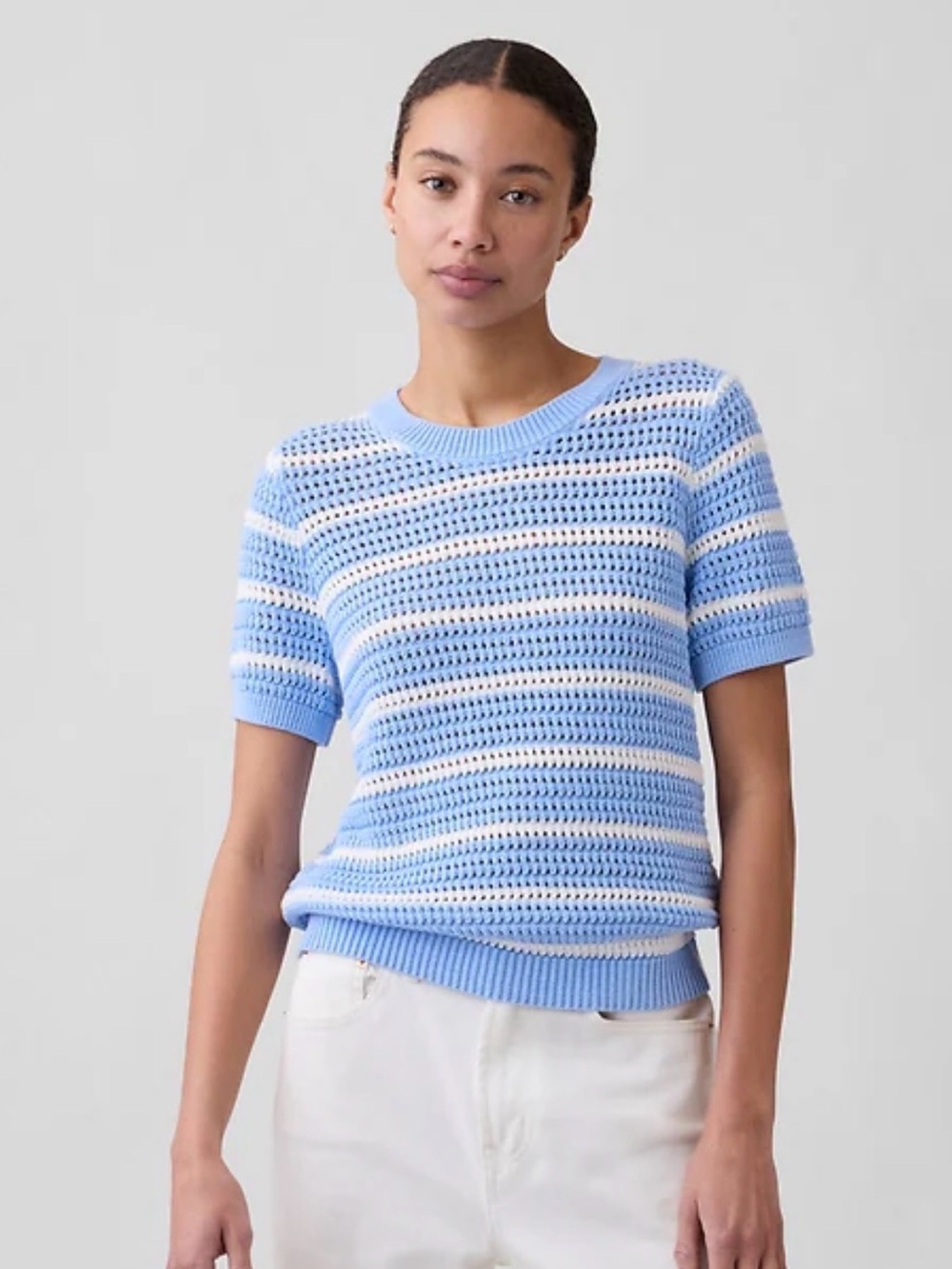 Gap Light Blue and White Stripe Knit Short Sleeve Top